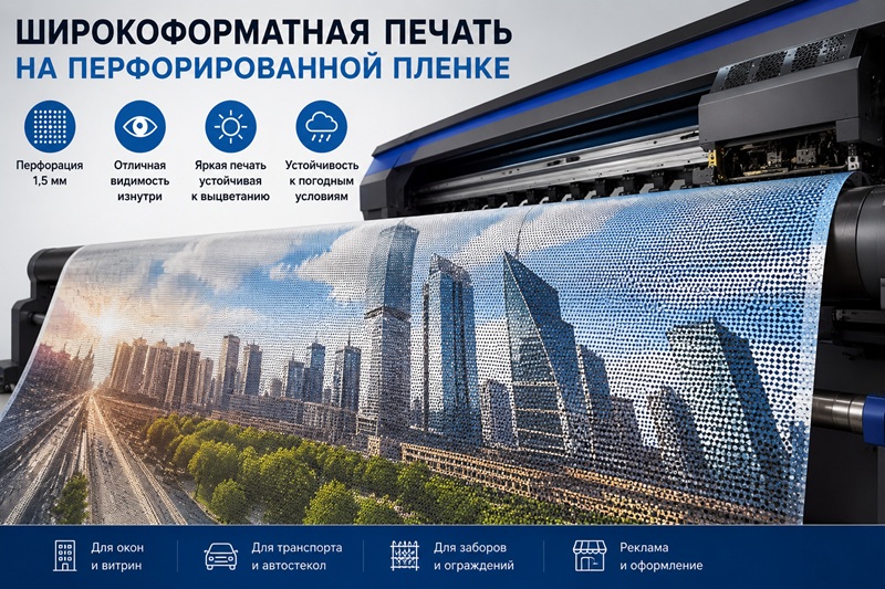 широкоформатная печать на перфорированной пленке